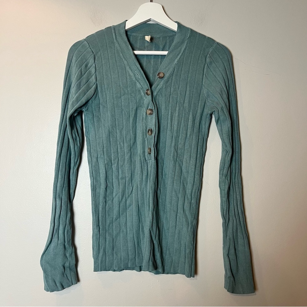 Wishlist Quarter Button Up Long Sleeve Teal Top Medium